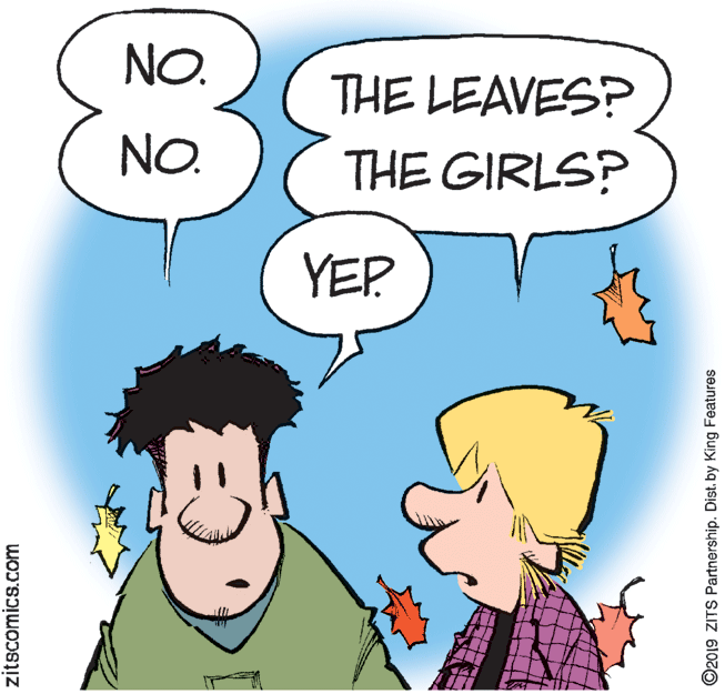 Organ OCR: NO. THE LEAVES? NO. THE GIRLS? YER zitscomics.com ©2019 ZITS Partnership. Dist. by King Features NO. THE LEAVES? NO. THE GIRLS? YER zitscomics.com ©2019 ZITS Partnership. Dist. by King Features