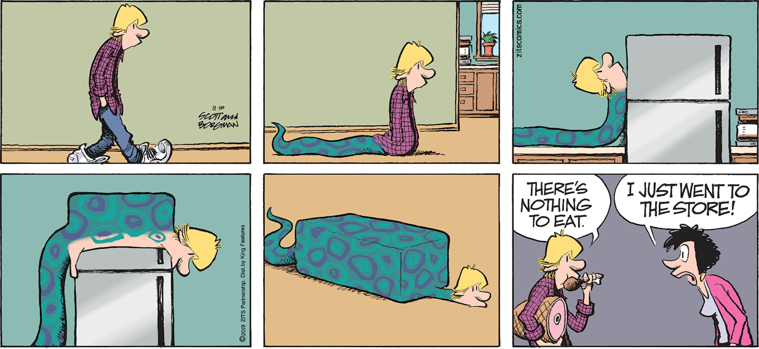 Turquoise OCR: THERE'S NOTHING TO EAT. I JUST WENT TO THE STORE! Dz019 ZITS Purtnersha zitscomics.com THERE'S NOTHING TO EAT. I JUST WENT TO THE STORE! Dz019 ZITS Purtnersha zitscomics.com