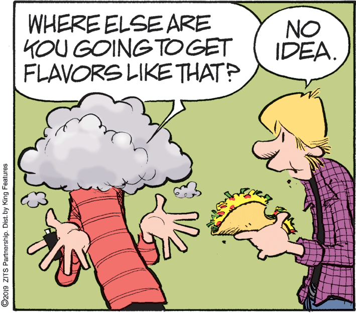 Pleased OCR: WHERE ELSE ARE KOU GOING TOOGET FLAVORS LIKETHAT? NO IDEA. ©2019 ZITS Partnership. Dist. by King Features WHERE ELSE ARE KOU GOING TOOGET FLAVORS LIKETHAT? NO IDEA. ©2019 ZITS Partnership. Dist. by King Features