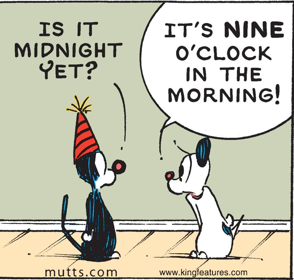 Art OCR: IS IT MIDNIGHT YET? IT'S NINE O'CLOCK IN THE MORNING! mutts.com www.kingfeatures.com IS IT MIDNIGHT YET? IT'S NINE O'CLOCK IN THE MORNING! mutts.com www.kingfeatures.com