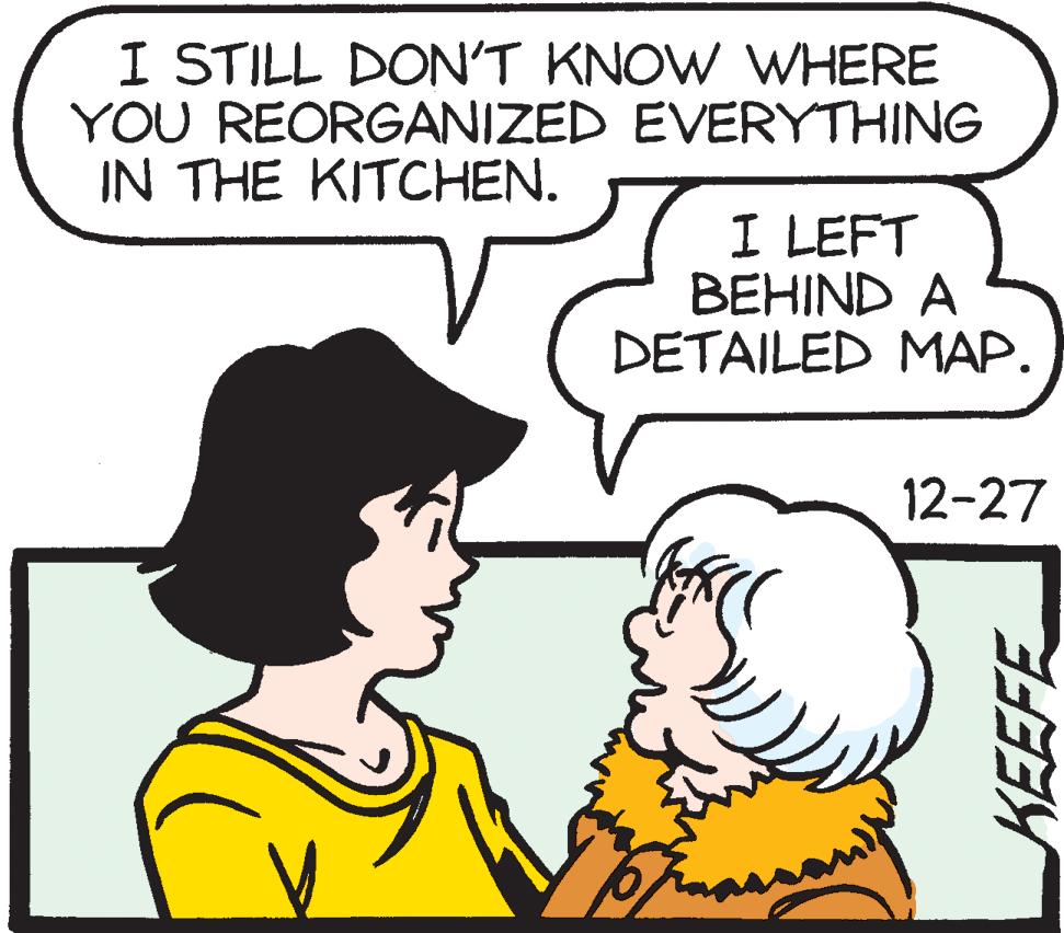 Handwriting OCR: I STILL DON'T KNOW WHERE YOU REORGANIZED EVERYTHING IN THE KITCHEN. I LEFT BEHIND A DETAILED MAP. 12-27 KEEFE I STILL DON'T KNOW WHERE YOU REORGANIZED EVERYTHING IN THE KITCHEN. I LEFT BEHIND A DETAILED MAP. 12-27 KEEFE
