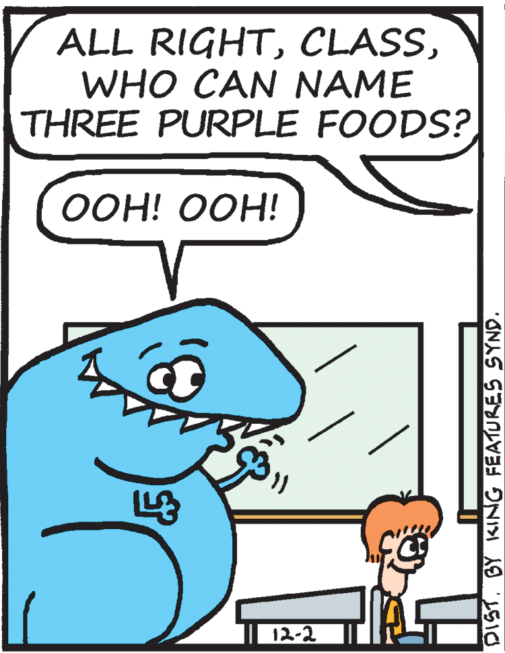 Mammal OCR: ALL RIGHTWHO CAN NAME THREE PURPLE FOODS? OOH! OOH! 12-2 DISTBY KING FEATURES SYND. ALL RIGHTWHO CAN NAME THREE PURPLE FOODS? OOH! OOH! 12-2 DISTBY KING FEATURES SYND.