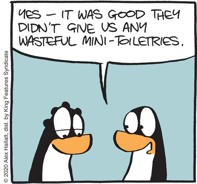 Fictional character OCR: YES - IT WAS GOOD THEY DIDN'T GIVE US ANY WASTEFUL MINI-TOILETRIESdist. by King Features Syndicate YES - IT WAS GOOD THEY DIDN'T GIVE US ANY WASTEFUL MINI-TOILETRIES© 2020 Alex Hallattdist. by King Features Syndicate