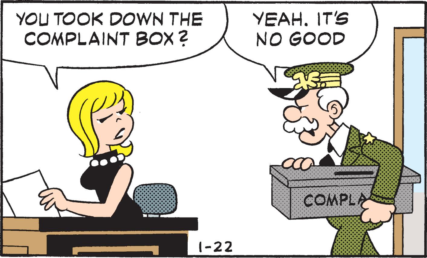 Illustration OCR: YEAH. IT'S NO GOOD YOU TOOK DOWN THE COMPLAINT BOX? COMPLA 1-22 YEAH. IT'S NO GOOD YOU TOOK DOWN THE COMPLAINT BOX? COMPLA 1-22