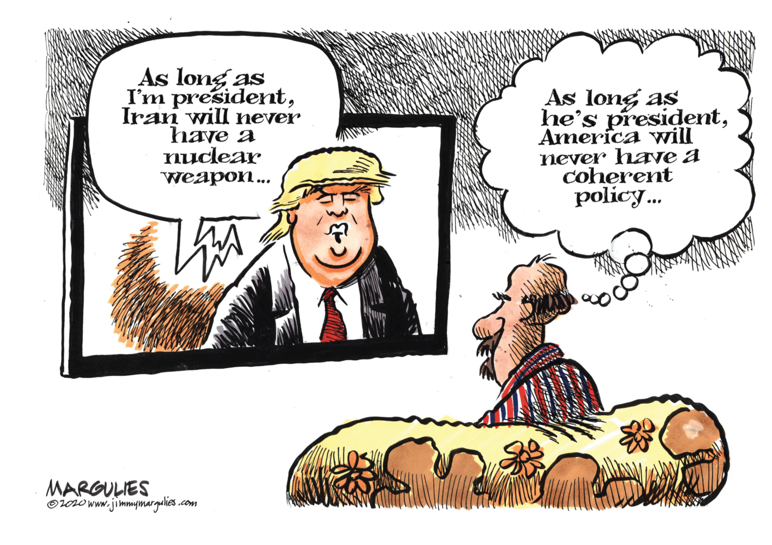 Font OCR: As long as I'm presidentIran will never have a nudear As long as he's presidentAmerica will never have a coherent policy. weapon... ... MARGULIES Oioio www.jimmymargulies .com As long as I'm presidentIran will never have a nudear As long as he's presidentAmerica will never have a coherent policy. weapon... ... MARGULIES Oioio www.jimmymargulies .com