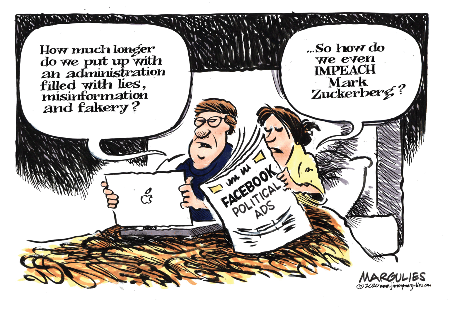 Illustration OCR: How much longer do we put up with an administration filled with liesmisinformation and fakery? ..So how do we even IMPEACH Mark Zuckerberg ? POLITICALE ADS FACEBOOK MARGULIES Orno www.jirmpnargalies.cmm How much longer do we put up with an administration filled with liesmisinformation and fakery? ..So how do we even IMPEACH Mark Zuckerberg ? POLITICALE ADS FACEBOOK MARGULIES Orno www.jirmpnargalies.cmm