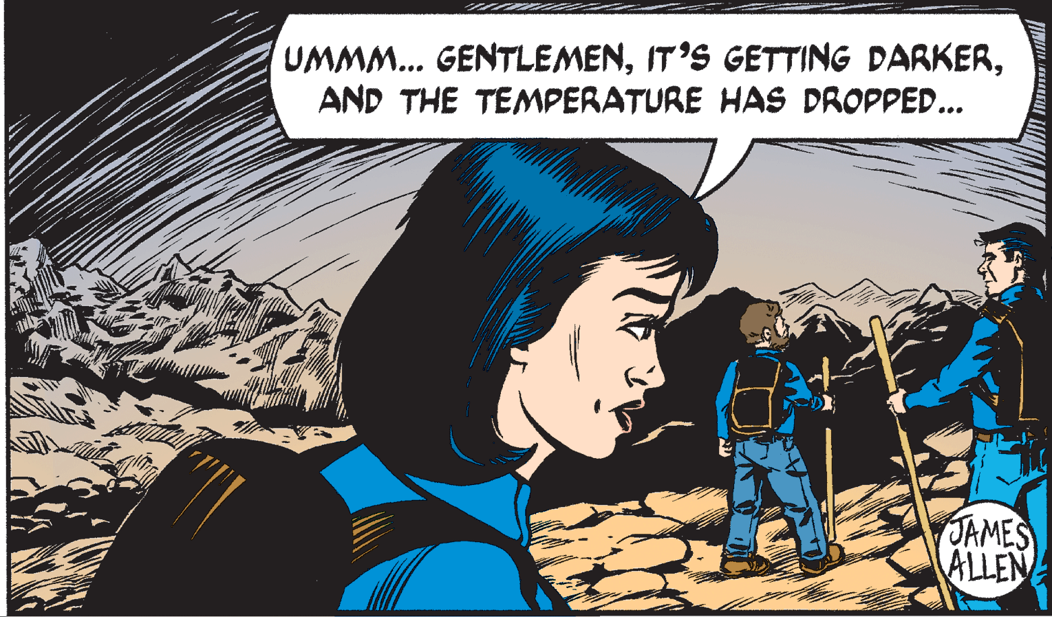 Electric blue OCR: UMMM... GENTLEMENAND THE TEMPERATURE HAS DROPPED... JAMES ALLEN UMMM... GENTLEMENIT'S GETTING DARKERAND THE TEMPERATURE HAS DROPPED... JAMES ALLEN