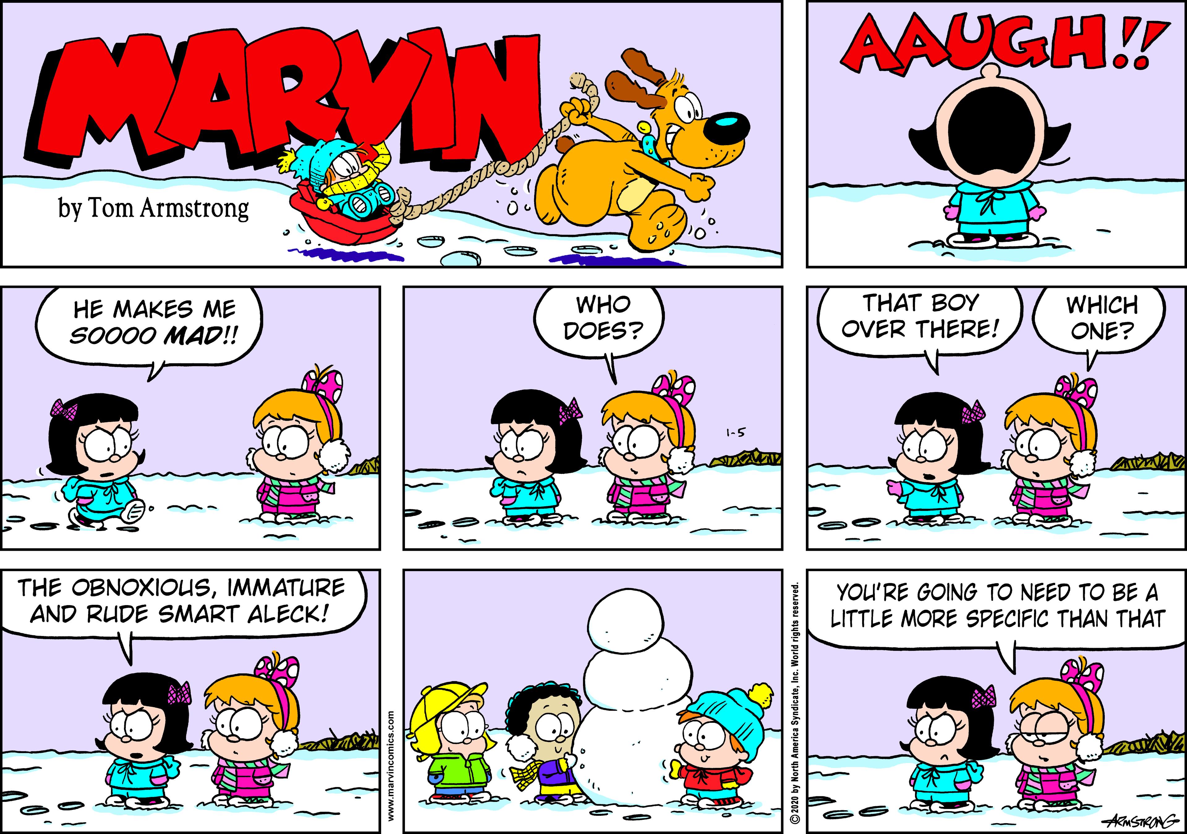 Fiction OCR: AAUGH! MARVIN by Tom Armstrong HE MAKES ME SO000 MAD!! WHO DOES? THAT BOY OVER THERE! WHICH ONE? THE OBNOXIOUSIMMATURE AND RUDE SMART ALECK! YOU'RE GOING TO NEED TO BE A LITTLE MORE SPECIFIC THAN THAT AMSTRONG O202 by North America SyndicateInc. World rights reserve AAUGH! MARVIN by Tom Armstrong HE MAKES ME SO000 MAD!! WHO DOES? THAT BOY OVER THERE! WHICH ONE? THE OBNOXIOUSIMMATURE AND RUDE SMART ALECK! YOU'RE GOING TO NEED TO BE A LITTLE MORE SPECIFIC THAN THAT AMSTRONG O202 by North America SyndicateInc. World rights reserve