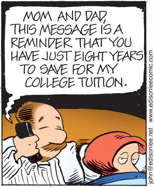 Illustration OCR: MOM AND DADTHIS MESSAGE IS A REMINDER THAT YOU HAVE JUST EIGHT YEARS TO SAVE FOR MY COLLEGE TUIMON. john@edisonlee.net www.edisonleecomic.com MOM AND DADTHIS MESSAGE IS A REMINDER THAT YOU HAVE JUST EIGHT YEARS TO SAVE FOR MY COLLEGE TUIMON. john@edisonlee.net www.edisonleecomic.com