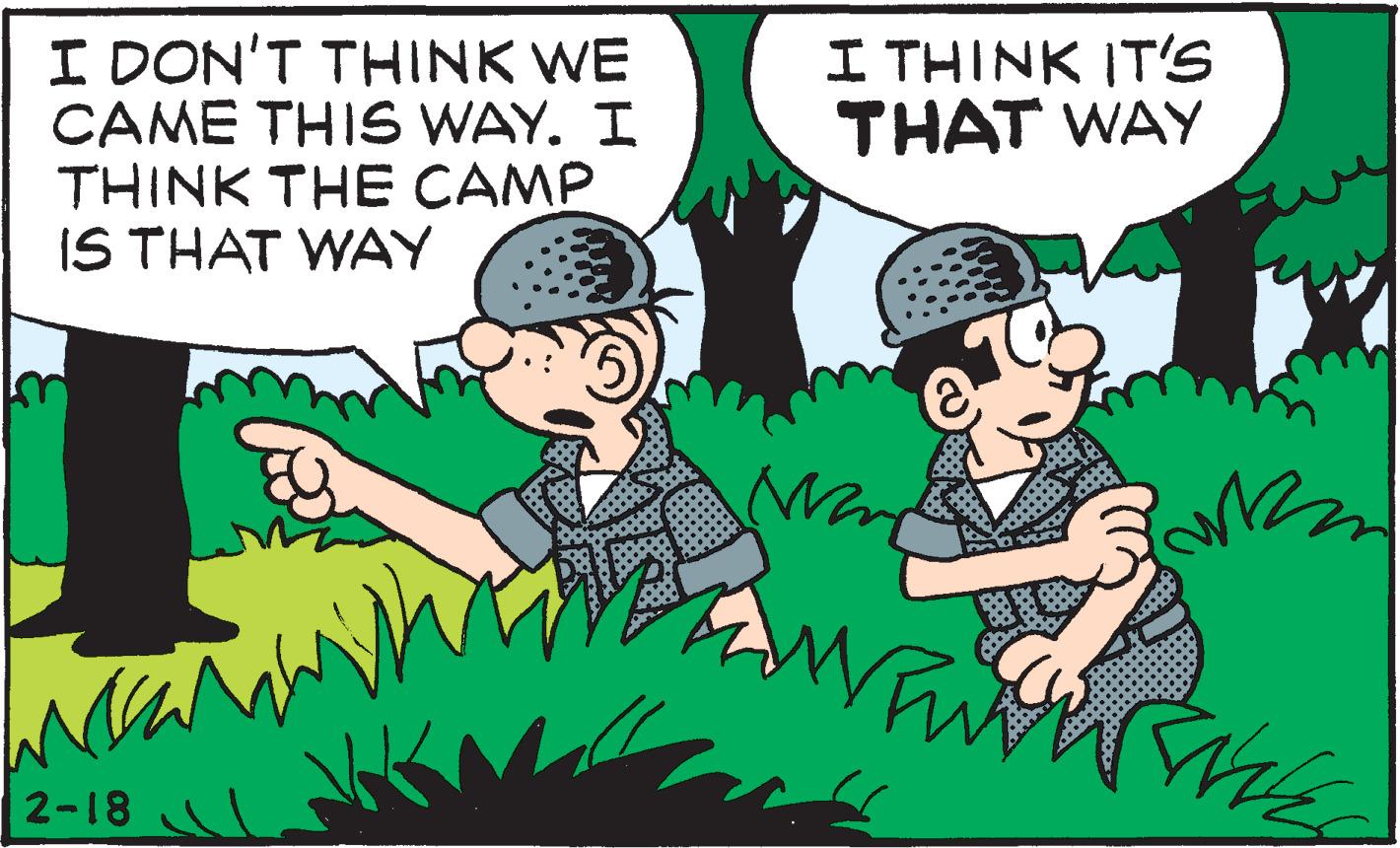 Animation OCR: I DON'T THINK WE CAME THIS WAY. I THINK THE CAMP IS THAT WAY I THINK IT'S THAT WAY 2-18 ?. I DON'T THINK WE CAME THIS WAY. I THINK THE CAMP IS THAT WAY I THINK IT'S THAT WAY 2-18 ?.