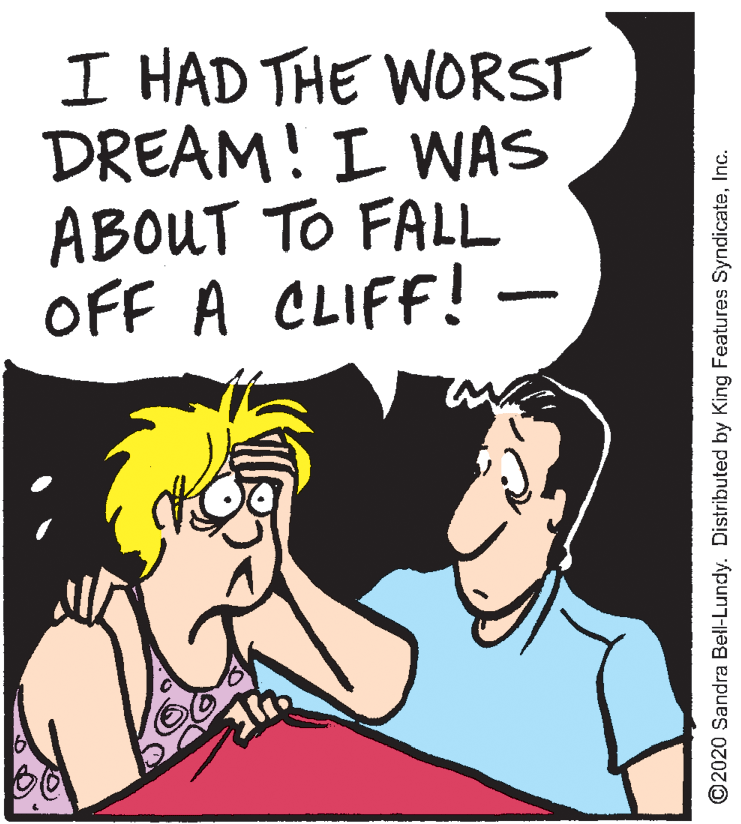 Handwriting OCR: I HAD THE WORST DREAM! I WAS ABOUT TO FALL OFF A CLIFF! - ©2020 Sandra Bell-Lundy. Distributed by King Features SyndicateInc. I HAD THE WORST DREAM! I WAS ABOUT TO FALL OFF A CLIFF! - ©2020 Sandra Bell-Lundy. Distributed by King Features Syndicate