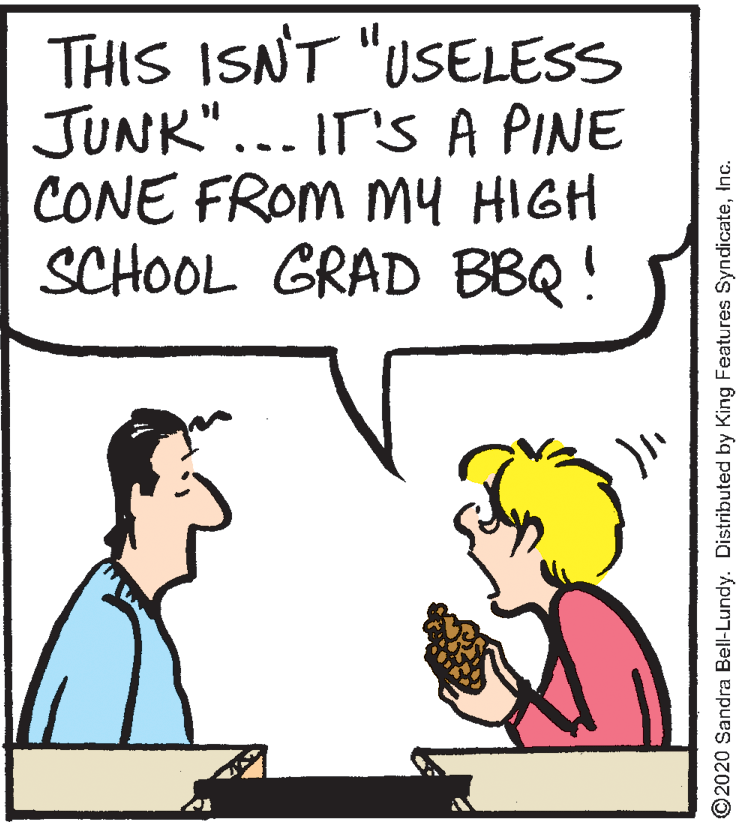 Pleased OCR: THIS ISNT "USELESS JUNK"... IT'S A PINE CONE FROM MY HIGH SCHOOL GRAD BBQ! ©2020 Sandra Bell-Lundy. Distributed by King Features SyndicateInc. THIS ISNT "USELESS JUNK"... IT'S A PINE CONE FROM MY HIGH SCHOOL GRAD BBQ! ©2020 Sandra Bell-Lundy. Distributed by King Features Syndicate