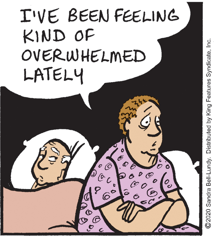 Interaction OCR: I'VE BEEN FEELING KIND OF OVERWHELMED LATELY ©2020 Sandra Bell-Lundy. Distributed by King Features SyndicateInc. I'VE BEEN FEELING KIND OF OVERWHELMED LATELY ©2020 Sandra Bell-Lundy. Distributed by King Features Syndicate