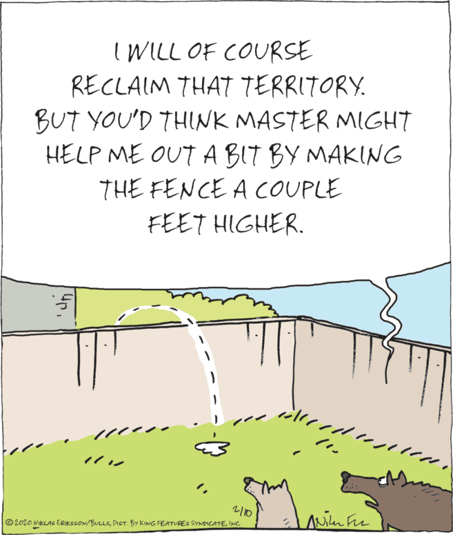 Adaptation OCR: I WILL OF COURSE RECLAIM THAT TERRITORY. BUT YOU'D THINK MASTER MIGHT HELP ME OUT A BIT BY MAKING THE FENCE A COUPLE FEET HIGHER. rr ? n? 7? 210 © 2020 NIKLAS ERIKSSON/BULLSINC. up. I WILL OF COURSE RECLAIM THAT TERRITORY. BUT YOU'D THINK MASTER MIGHT HELP ME OUT A BIT BY MAKING THE FENCE A COUPLE FEET HIGHER. rr ? n ? 7 ? 210 © 2020 NIKLAS ERIKSSON/BULLSDIST. BY KING FEATURES SYNDICATEINC. up.