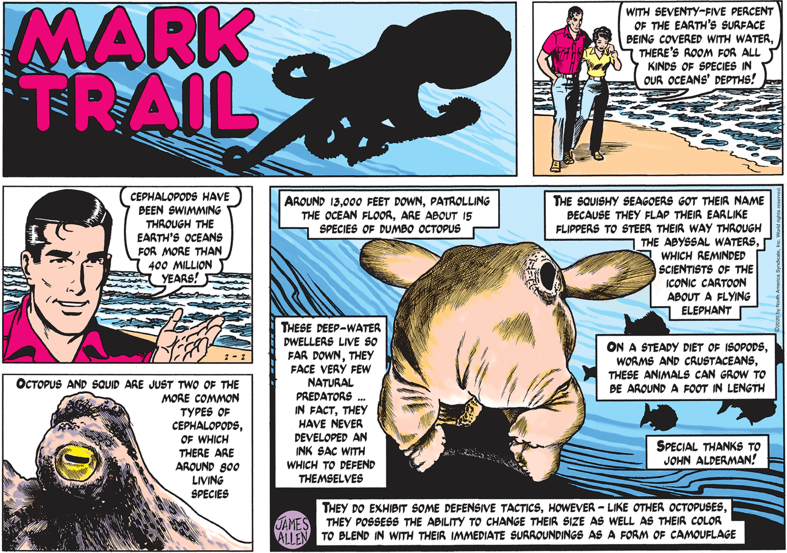 Working animal OCR: MARK TRAIL WITH SEVENTY-FIVE PERCENT OF THE EARTH'Ss SURFACE BEING COVERED WITH WATERTHERE'S ROOM FOR ALL KINDS OF SPECIES IN OUR OCEANS' DEPTHS! CEPHALOPODS HAVE BEEN SWIMMING THROUGH THE EARTH'S OCEANS FOR MORE THAN 400 MILLION YEARS! THE SQUISHY SEAGOERS GOT THEIR NAME BECAUSE THEY FLAP THEIR EARLIKE FLIPPERS TO STEER THEIR WAY THROUGH THE ABYSSAL WATERSWHICH REMINDED SCIENTISTS OF THE ICONIC CARTOON ABOUT A FLYING ELEPHANT AROUND 13PATROLLING THE OCEAN FLOORARE ABOUT 15 SPECIES OF DUMBO OCTOPUS THESE DEEP-WATER DWELLERS LIVE SO FAR DOWNTHEY FACE VERÝ FEw NATURAL PREDATORS . ON A STEADY DIET OF ISOPODSTHESE ANIMALS CAN GROW TO BE AROUND A FOOT IN LENGTH 2 - 2 OCTOPUS AND SQUID ARE JUST TWO OF THE MORE COMMON TYPES OF CEPHALOPODSOF WHICH THERE ARE AROUND S00 LIVING SPECIES IN FACTTHEY HAVE NEVER DEVELOPED AN INK SAC WITH WHICH TO DEFEND SPECIAL THANKS TO JOHN ALDERMAN! THEMSELVES THEY DO EXHIBIT SOME DEFENSIVE TACTICSJAMES THEY POSSESS THE ABILITY TO CHANGE THEIR SIZE AS WELL AS THEIR COLOR ALI EN TO BLEND IN WITH THEIR IMMEDIATE SURROUNDINGS AS A FORM OF CAMOUFLAGE MARK TRAIL WITH SEVENTY-FIVE PERCENT OF THE EARTH'Ss SURFACE BEING COVERED WITH WATERTHERE'S ROOM FOR ALL KINDS OF SPECIES IN OUR OCEANS' DEPTHS! CEPHALOPODS HAVE BEEN SWIMMING THROUGH THE EARTH'S OCEANS FOR MORE THAN 400 MILLION YEARS! THE SQUISHY SEAGOERS GOT THEIR NAME BECAUSE THEY FLAP THEIR EARLIKE FLIPPERS TO STEER THEIR WAY THROUGH THE ABYSSAL WATERSWHICH REMINDED SCIENTISTS OF THE ICONIC CARTOON ABOUT A FLYING ELEPHANT AROUND 13000 FEET DOWNPATROLLING THE OCEAN FLOORARE ABOUT 15 SPECIES OF DUMBO OCTOPUS THESE DEEP-WATER DWELLERS LIVE SO FAR DOWNTHEY FACE VERÝ FEw NATURAL PREDATORS . ON A STEADY DIET OF ISOPODSWORMS AND CRUSTACEANSTHESE ANIMALS CAN GROW TO BE AROUND A FOOT IN LENGTH 2 - 2 OCTOPUS AND SQUID ARE JUST TWO OF THE MORE COMMON TYPES OF CEPHALOPODSOF WHICH THERE ARE AROUND S00 LIVING SPECIES IN FACTTHEY HAVE NEVER DEVELOPED AN INK SAC WITH WHICH TO DEFEND SPECIAL THANKS TO JOHN ALDERMAN! THEMSELVES THEY DO EXHIBIT SOME DEFENSIVE TACTICSHOWEVER - LIKE OTHER OCTOPUSESJAMES THEY POSSESS THE ABILITY TO CHANGE THEIR SIZE AS WELL AS THEIR COLOR ALI EN TO BLEND IN WITH THEIR IMMEDIATE SURROUNDINGS AS A FORM OF CAMOUFLAGE