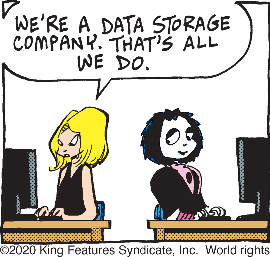 Graphics OCR: WE'RE A DATA STORAGE COMPANY. THAT'S ALL WE DO. O2020 King Features SyndicateInc. World rights WE'RE A DATA STORAGE COMPANY. THAT'S ALL WE DO. O2020 King Features SyndicateInc. World rights