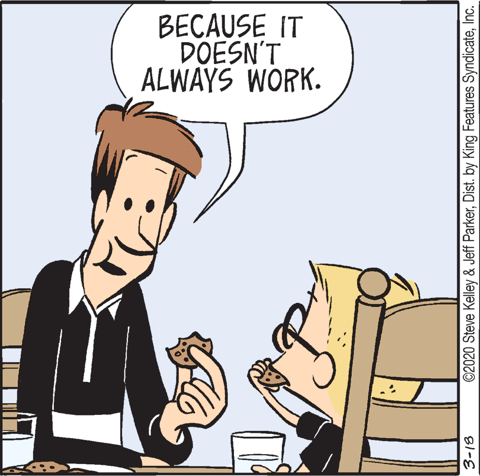 Animated cartoon OCR: BECAUSE IT DOESN'T ALWAYS WORK. 3-18 ©2020 Steve Kelley & Jeff ParkerInc. BECAUSE IT DOESN'T ALWAYS WORK. 3-18 ©2020 Steve Kelley & Jeff ParkerDist. by King Features Syndicate