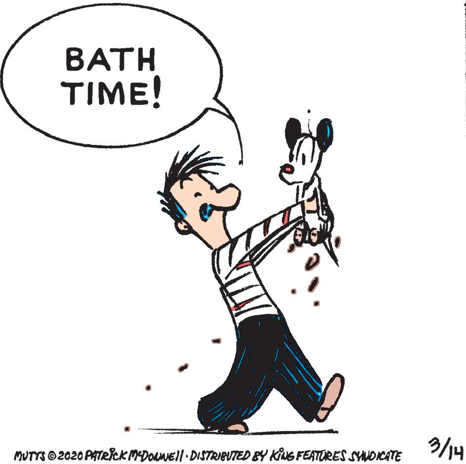 Line art OCR: BATH TIME! MUTTS© 2020 PATelck MDOMEll DISTRIBUTED BY KiUG FEATORES SYNDICATE BATH TIME! MUTTS© 2020 PATelck MDOMEll DISTRIBUTED BY KiUG FEATORES SYNDICATE