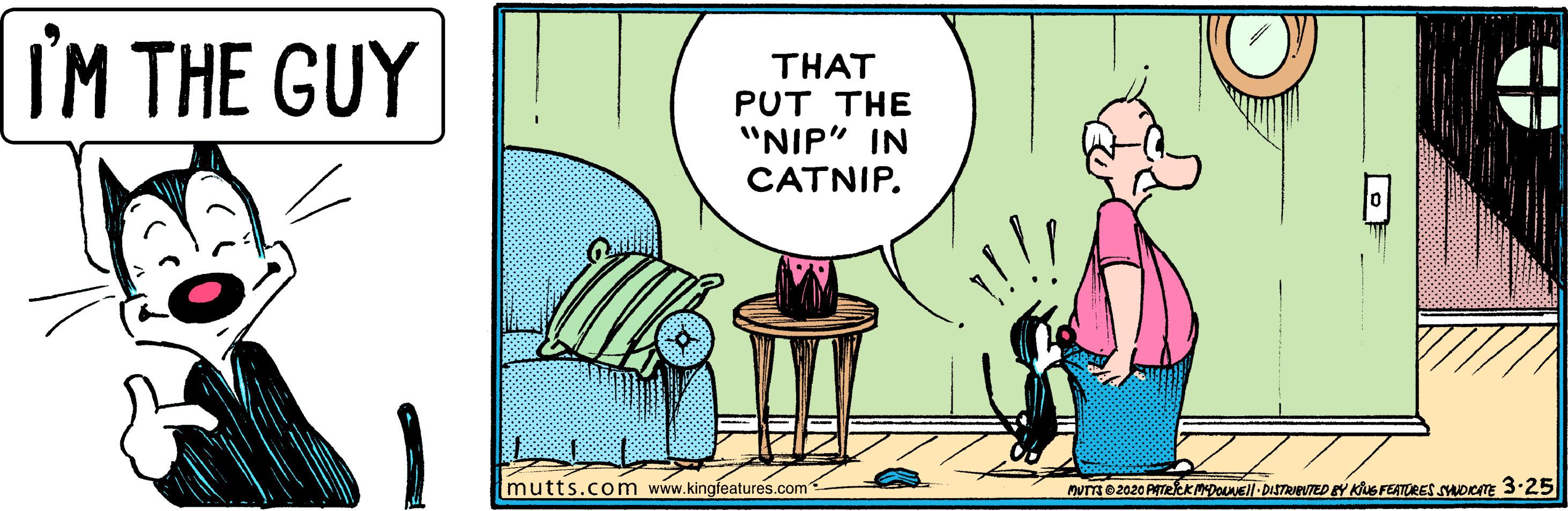 Conversation OCR: IM THE GUY THAT PUT THE "NIP" IN CATNIP. mutts.com www.kingfeatures.com nUTme2020 PITekKMDONEll - DISTRIEVTED Eý Kus FETURES SADCm 3.25 IM THE GUY THAT PUT THE "NIP" IN CATNIP. mutts.com www.kingfeatures.com nUTme2020 PITekKMDONEll - DISTRIEVTED Eý Kus FETURES SADCm 3.25
