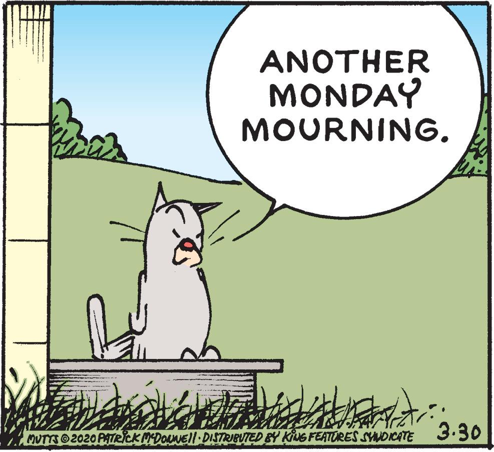 Illustration OCR: ?????ER MONDAY MOURNING. ? MUTTS 2020 PATRICK MDOuNEll DISTRIBUTED BY KNG FEATORES SYNDICATE 3:30 ?????ER MONDAY MOURNING. ? MUTTS 2020 PATRICK MDOuNEll DISTRIBUTED BY KNG FEATORES SYNDICATE 3:30