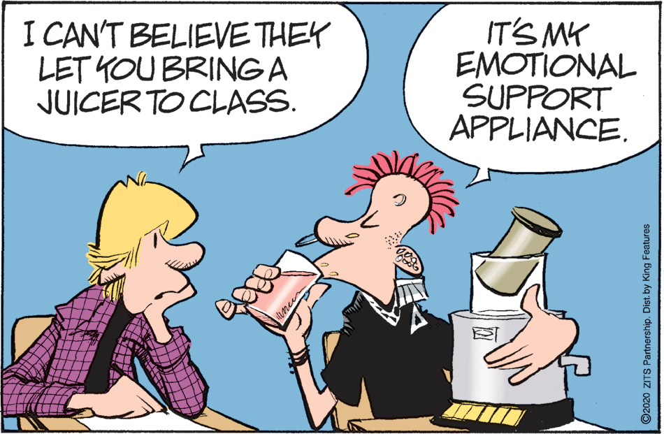 Fictional character OCR: I CAN'T BELIEVETHEY LET YOU BRINGA JUICER TO CLASS. IT'S MK EMOTIONAL SUPPORT APPLIANCE. O2020 ZITS Partnership. Dist. by King Features I CAN'T BELIEVETHEY LET YOU BRINGA JUICER TO CLASS. IT'S MK EMOTIONAL SUPPORT APPLIANCE. O2020 ZITS Partnership. Dist. by King Features