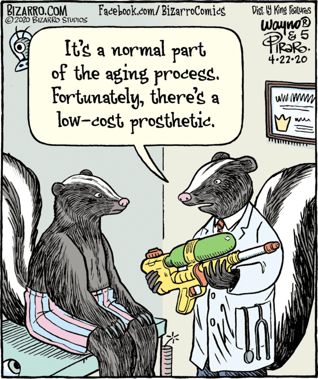 Drawing OCR: BIZARRO.COM © 2020 BIZARRO STUDIOS Facebook.com/BizarroComies Dist. Y King Featuras Wayno® '& 5 It's a normal part of the aging prodess. Fortunatelythere's a low-cost prosthetie. 4.22.20 BIZARRO.COM © 2020 BIZARRO STUDIOS Facebook.com/BizarroComies Dist. Y King Featuras Wayno® '& 5 It's a normal part of the aging prodess. Fortunatelythere's a low-cost prosthetie. 4.22.20