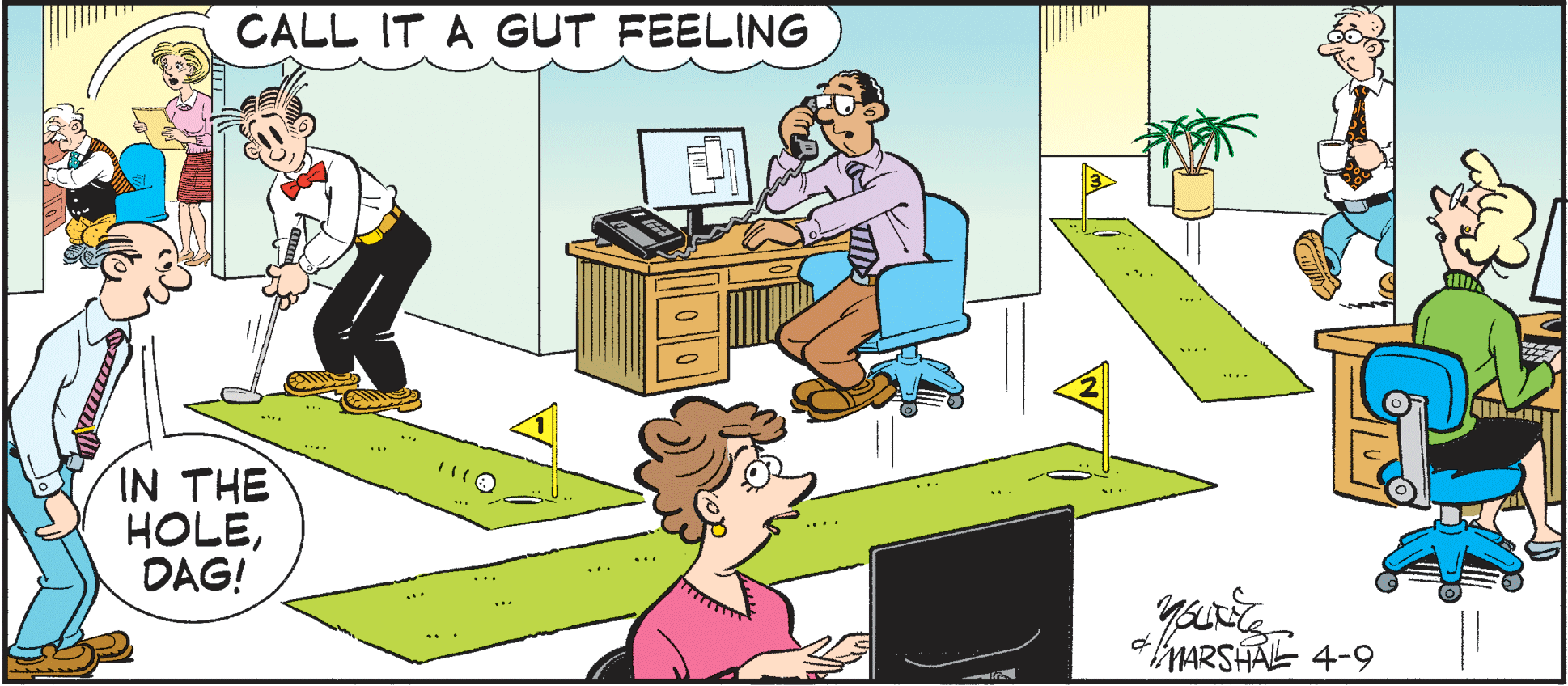 Animated cartoon OCR: CALL IT A GUT FEELING I? ?HE HOLEDAG! .... MARSHAL 4-9 CALL IT A GUT FEELING I? ?HE HOLEDAG! .... MARSHAL 4-9