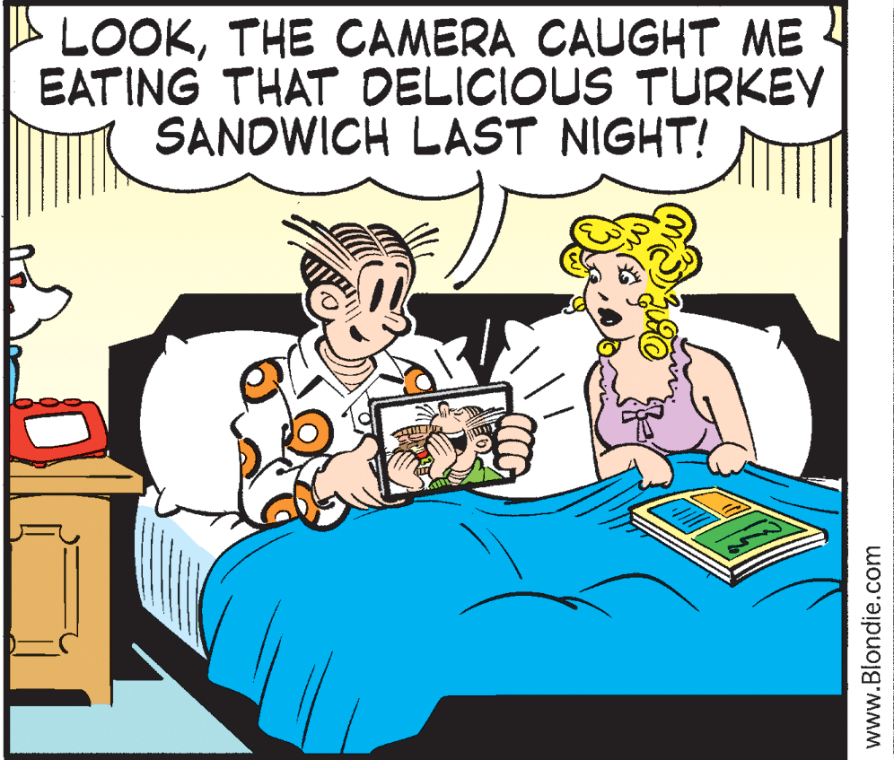 Rectangle OCR: LOOKTHE CAMERA CAUGHT ME EATING THAT DELICIOUS TURKEY SANDWICH LAST NIGHT! www.Blondie.com LOOKTHE CAMERA CAUGHT ME EATING THAT DELICIOUS TURKEY SANDWICH LAST NIGHT! www.Blondie.com