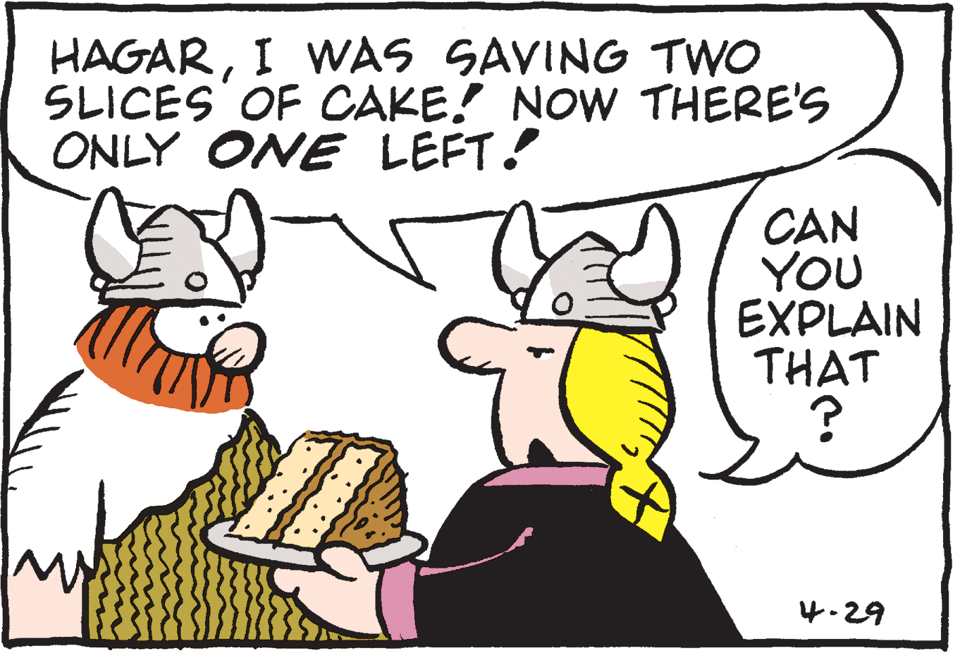 Line art OCR: HAGARI WAS SAVING TWO SLICES OF CAKE! NOW THERE'S ONLY ONE LEFT! CAN YOU EXPLAIN THAT 4.29 HAGARI WAS SAVING TWO SLICES OF CAKE! NOW THERE'S ONLY ONE LEFT! CAN YOU EXPLAIN THAT 4.29