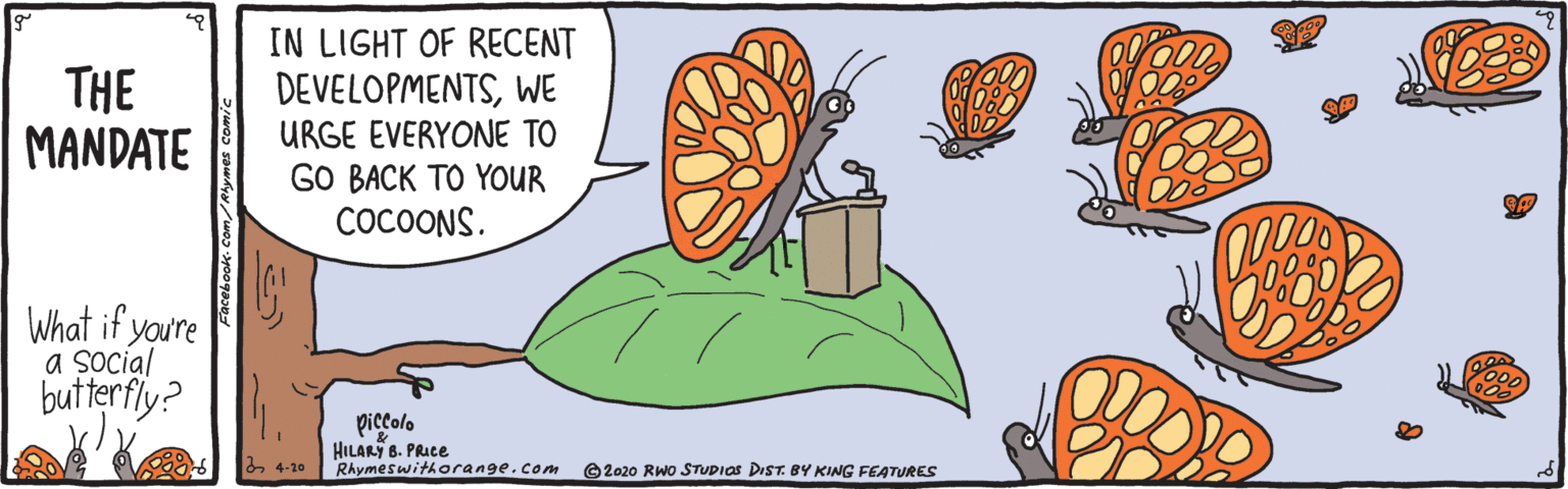 Drawing OCR: IN LIGHT OF RECENT THE MANDATE DEVELOPMENTSWE URGE EVERYONE TO GO BACK TO YOUR ????ONS. What if youre a social butterfly? piccolo HILARY B. PRICE Rhymeswithorange.com & 4-10 G2020 Rwo STUDIOS DIST. BY KING FEATURES IN LIGHT OF RECENT THE MANDATE DEVELOPMENTSWE URGE EVERYONE TO GO BACK TO YOUR ????ONS. What if youre a social butterfly? piccolo HILARY B. PRICE Rhymeswithorange.com & 4-10 G2020 Rwo STUDIOS DIST. BY KING FEATURES