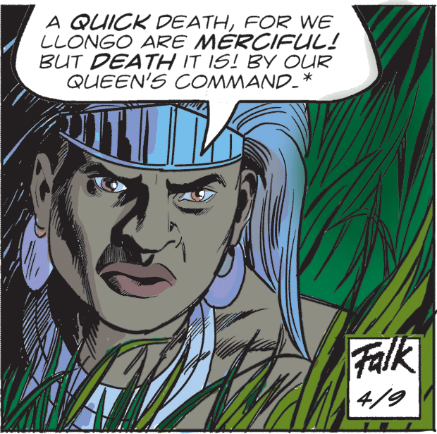 Illustration OCR: A QUICK DEATHFOR WE LLONGO ARE MERCIFLUL! BUT DEATH IT IS! BY OUR QUEEN'S COMMAND-* Falk 4/9 A QUICK DEATHFOR WE LLONGO ARE MERCIFLUL! BUT DEATH IT IS! BY OUR QUEEN'S COMMAND-* Falk 4/9