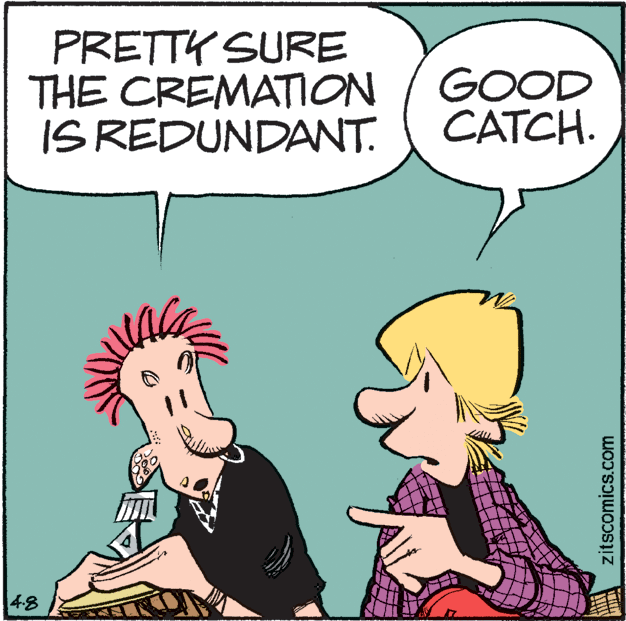 Illustration OCR: PRETTY SURE THE CREMATION IS REDUNDANT. GOOD CATCH. 4-8 zitscomics.com PRETTY SURE THE CREMATION IS REDUNDANT. GOOD CATCH. 4-8 zitscomics.com