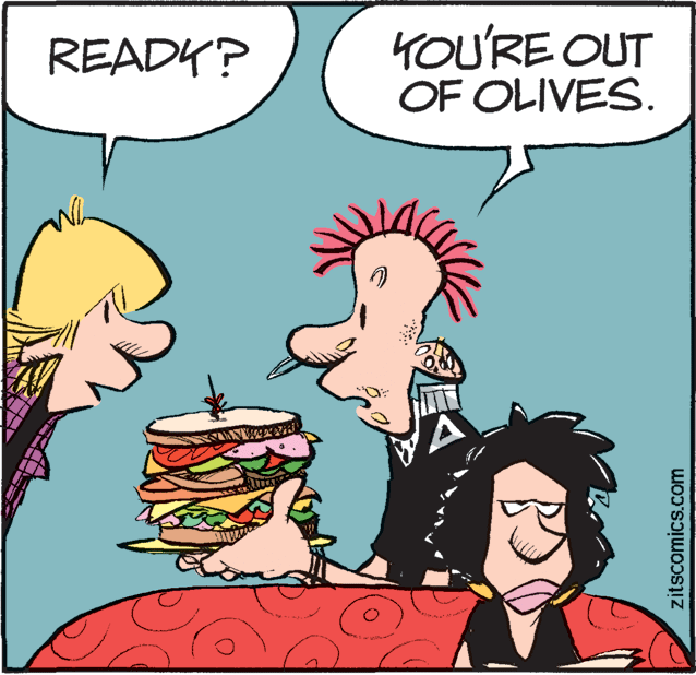 Illustration OCR: KOU'RE OUT OF OLIVES. READY? zitscomics.com KOU'RE OUT OF OLIVES. READY? zitscomics.com
