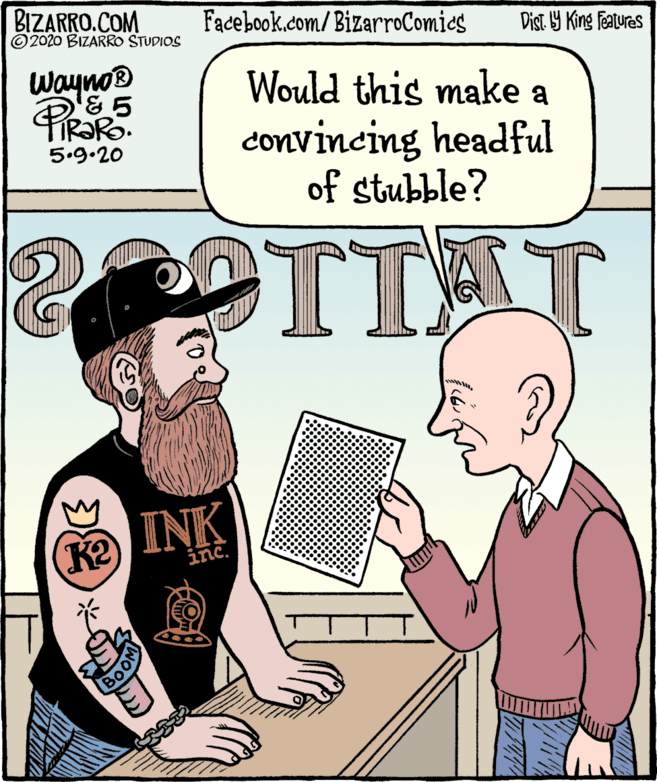 Pleased OCR: BIZARRO.COM © 2020 BIZARRO STUDIOS Facebook.com/BizarroComies Dist Y King Features Wayno Would this make a convincing headful of stubble? 5.9.20 OTTAT TIA INK K2 inc. WOO BIZARRO.COM © 2020 BIZARRO STUDIOS Facebook.com/BizarroComies Dist Y King Features Wayno Would this make a convincing headful of stubble? 5.9.20 OTTAT TIA INK K2 inc. WOO