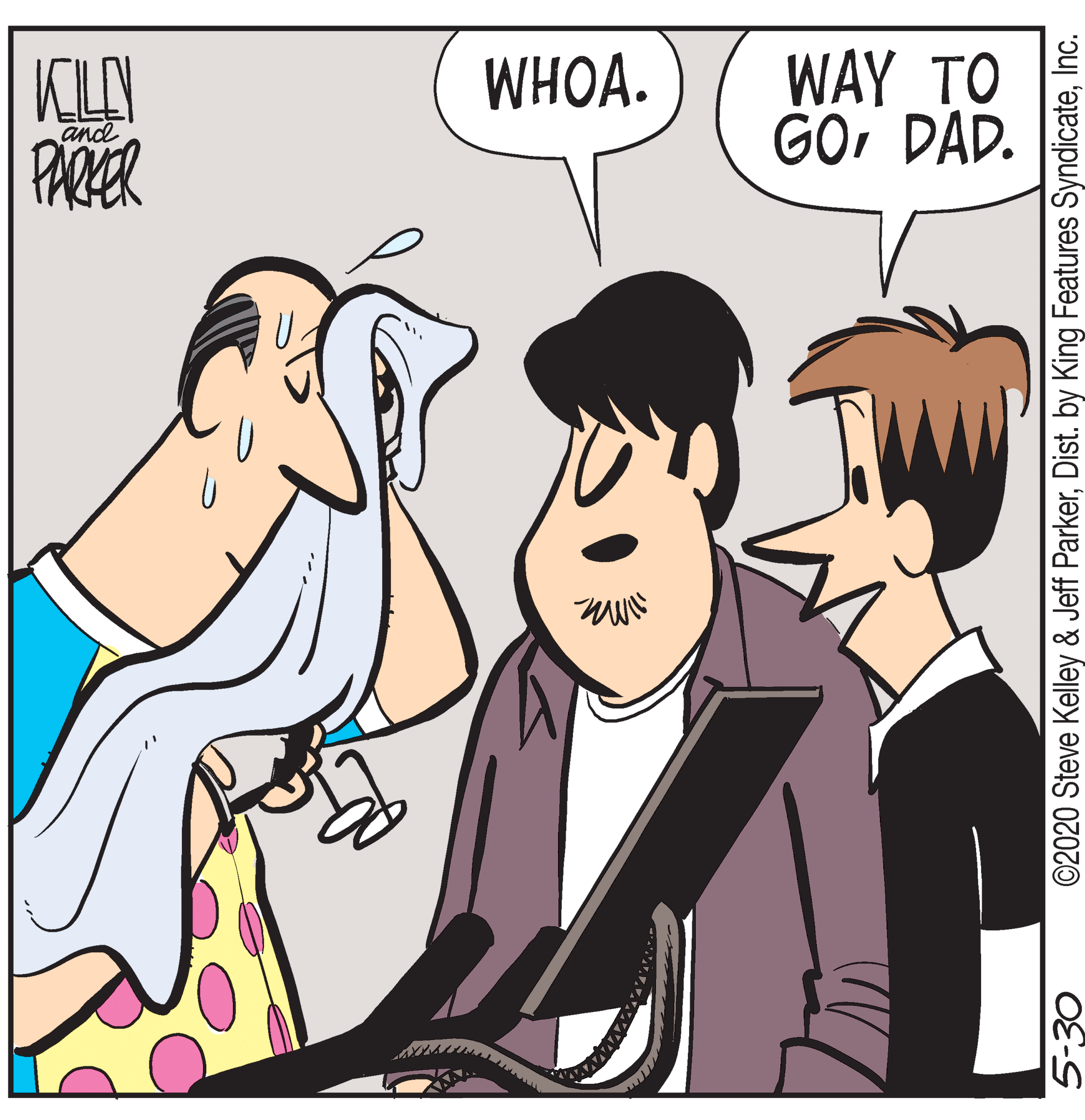 Animated cartoon OCR: WAY TO GODAD. WHOA. KLAY PARER and 5-30 ©2020 Steve Kelley & Jeff ParkerInc. WAY TO GODAD. WHOA. KLAY PARER and 5-30 ©2020 Steve Kelley & Jeff ParkerDist. by King Features Syndicate