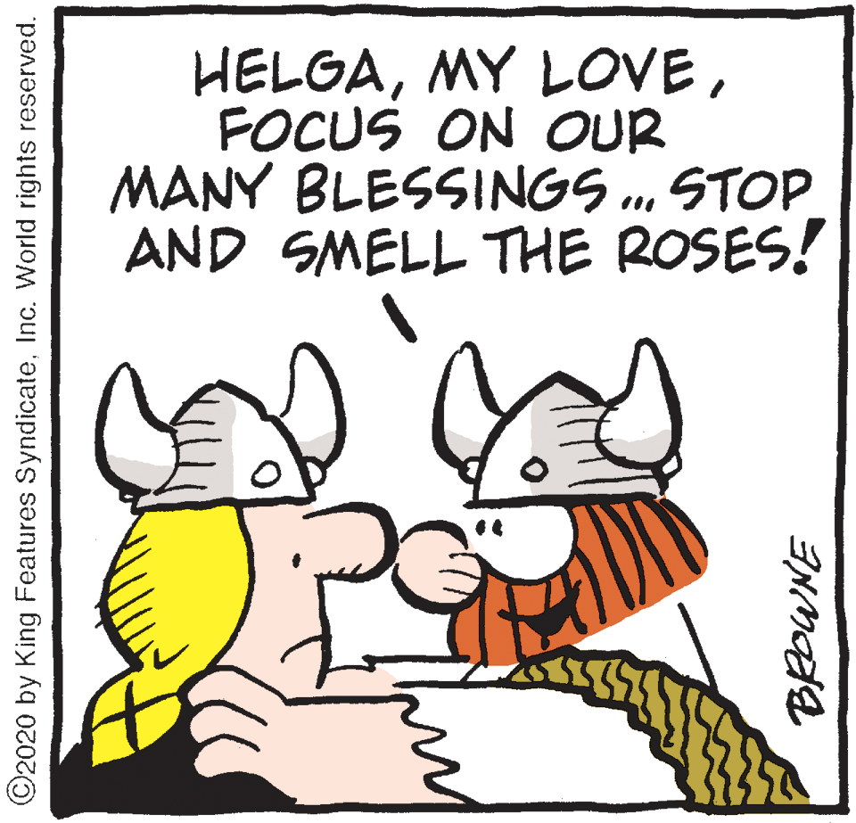 Drawing OCR: HELGAFOCUS ON OUR MANY BLESSINGS. STOP AND SMELL THE ROSES! ©2020 by King Features SyndicateInc. World rights reserved. HELGAMY LOVEFOCUS ON OUR MANY BLESSINGS. STOP AND SMELL THE ROSES! ©2020 by King Features SyndicateInc. World rights reserved.