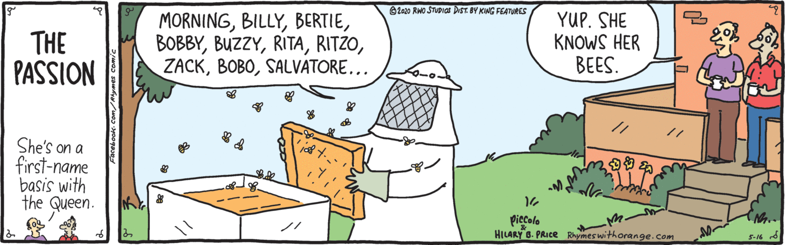 Font OCR: 2020 RWO STUDIS DIST. BY KING FEATURES THE PASSION MORNINGSALVATORE... YUP. SHE KNOWS HER BEES. // She's on a first-name basis with the Queen. Piecolo HILARY 6. PRICE Rhymes withorange.com 5-16 d 2020 RWO STUDIS DIST. BY KING FEATURES THE PASSION MORNINGSALVATORE... YUP. SHE KNOWS HER BEES. // She's on a first-name basis with the Queen. Piecolo HILARY 6. PRICE Rhymes withorange.com 5-16 d