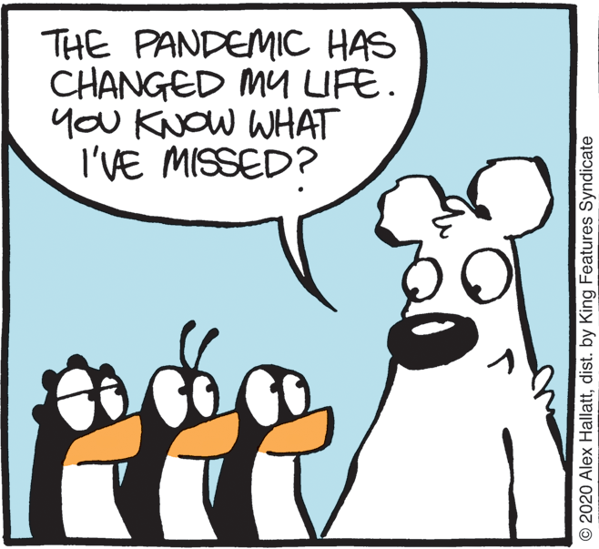 Comics OCR: THE PANDEMIC HAS CHANGED MY IFE. you KNOW WHAT I'VE MISSED? © 2020 Alex Hallattdist. by King Features Syndicate THE PANDEMIC HAS CHANGED MY IFE. you KNOW WHAT I'VE MISSED? © 2020 Alex Hallattdist. by King Features Syndicate