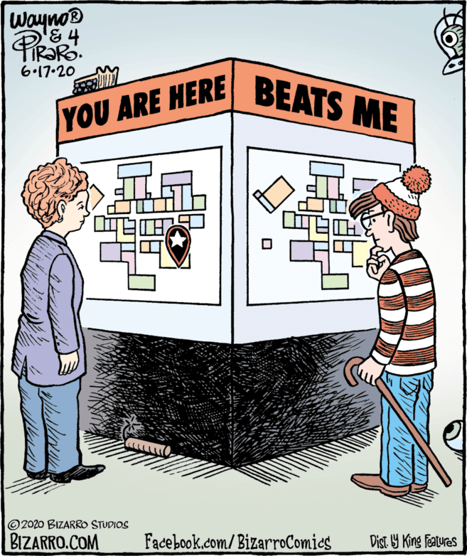 Art OCR: Wayno® 6.17.20 YOU ARE HERE BEATS ME © 2020 BIZARRO STUDIOS BIZARRO.COM Facebook.com/BizarroComies Dist. Y King features Wayno® 6.17.20 YOU ARE HERE BEATS ME © 2020 BIZARRO STUDIOS BIZARRO.COM Facebook.com/BizarroComies Dist. Y King features