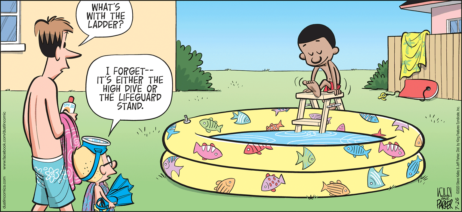 Animated cartoon OCR: WHAT'S WITH THE LADDER? I FORGET-- IT'S EITHER THE HIGH DIVE OR THE LIFEGUARD STAND. PARER WHAT'S WITH THE LADDER? I FORGET-- IT'S EITHER THE HIGH DIVE OR THE LIFEGUARD STAND. PARER