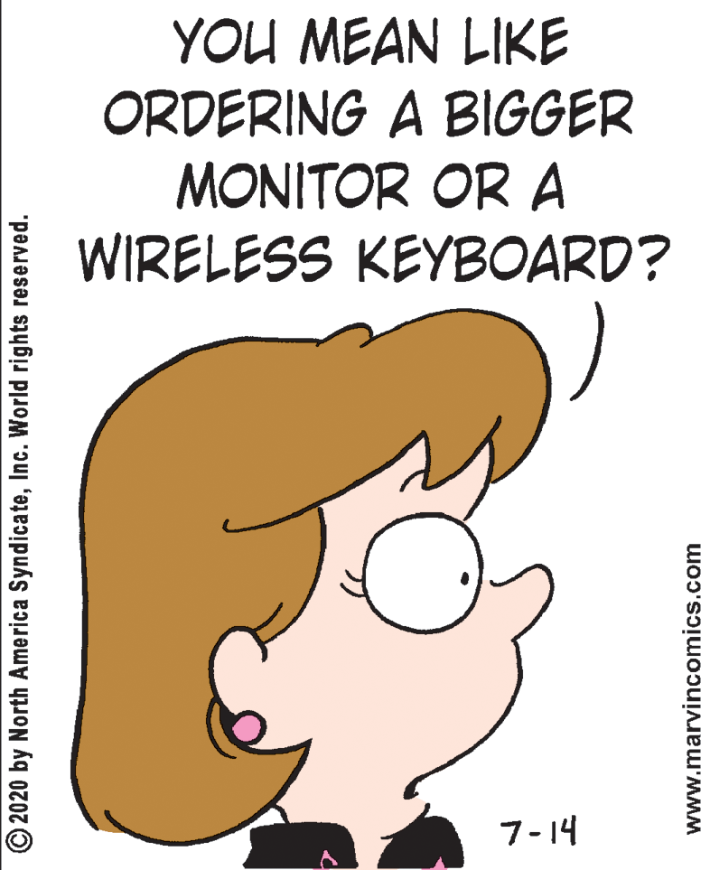 Drawing OCR: YOU MEAN LIKE ORDERING A BIGGER MONITOR OR A WIRELESS KEYBOARD? 7-14 © 2020 by North America SyndicateInc. World rights reserved. www.marvincomics.com YOU MEAN LIKE ORDERING A BIGGER MONITOR OR A WIRELESS KEYBOARD? 7-14 © 2020 by North America SyndicateInc. World rights reserved. www.marvincomics.com