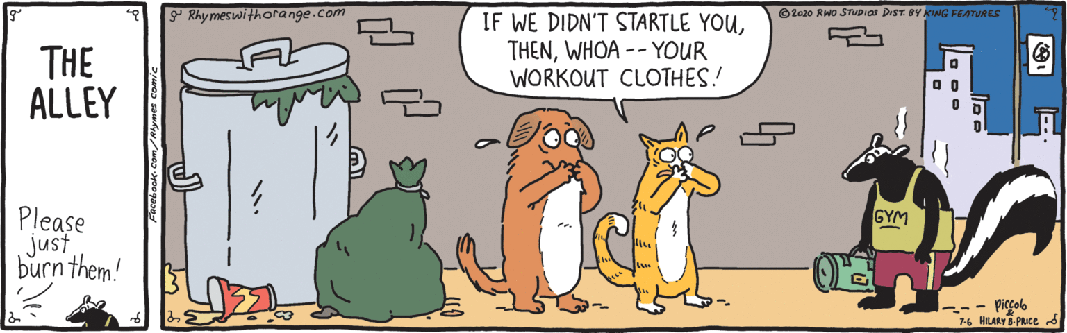 Clip art OCR: P Rhy meswithorange.com ©2020 RWo STUDIOS DIST. BY KING FEATURES THE ALLEY IF WE DIDN'T STARTLE YOUWHOA -- YOUR WORKOUT CLOTHES! Please just burn them! GYM --- Piccob 7-6 HILARY B-PRuce d P Rhy meswithorange.com ©2020 RWo STUDIOS DIST. BY KING FEATURES THE ALLEY IF WE DIDN'T STARTLE YOUWHOA -- YOUR WORKOUT CLOTHES! Please just burn them! GYM --- Piccob 7-6 HILARY B-PRuce d