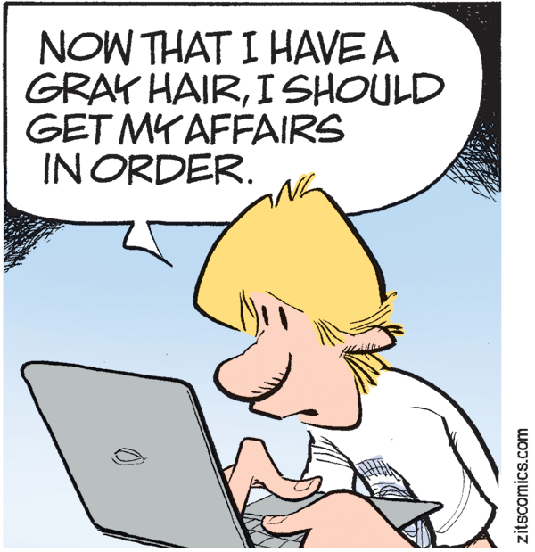 Illustration OCR: NOW THAT I HAVE A GRAY HAIRI SHOULD GET MY AFFAIRS IN ORDER. zitscomics.com NOW THAT I HAVE A GRAY HAIRI SHOULD GET MY AFFAIRS IN ORDER. zitscomics.com