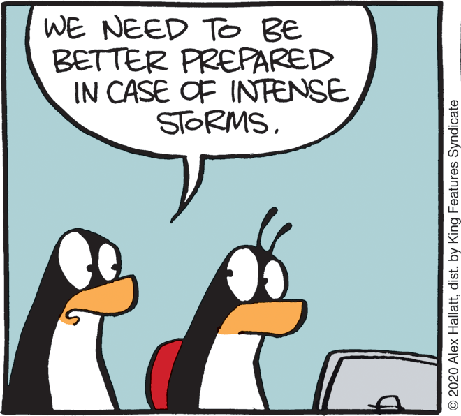 Fictional character OCR: WE NEED To BE BETTER PREPARED IN CASE OF INFENSE STORMSdist. by King Features Syndicate WE NEED To BE BETTER PREPARED IN CASE OF INFENSE STORMS© 2020 Alex Hallattdist. by King Features Syndicate