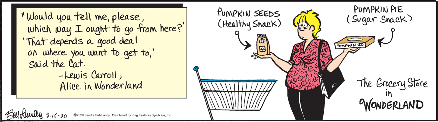Animated cartoon OCR: PumPKIN SEEDS CHealthy Snack) PUMPKIN PIE (Sugar Snack) "Would you tell mewhich way I ought to 'That depends a good deal on where you want to get to' Said the Cat. go from here?' PUMPHUN O -Lewis CarrollAlice in Wonderland The Gracery Store in WONDERLAND |Eal Ruully 3-15-20 ©2020 Sandra BelHLundy. Distributed by King Features SyndicateInc. PumPKIN SEEDS CHealthy Snack) PUMPKIN PIE (Sugar Snack) "Would you tell mewhich way I ought to 'That depends a good deal on where you want to get to' Said the Cat. go from here?' PUMPHUN O -Lewis CarrollAlice in Wonderland The Gracery Store in WONDERLAND |Eal Ruully 3-15-20 ©2020 Sandra BelHLundy. Distributed by King Features Syndicate