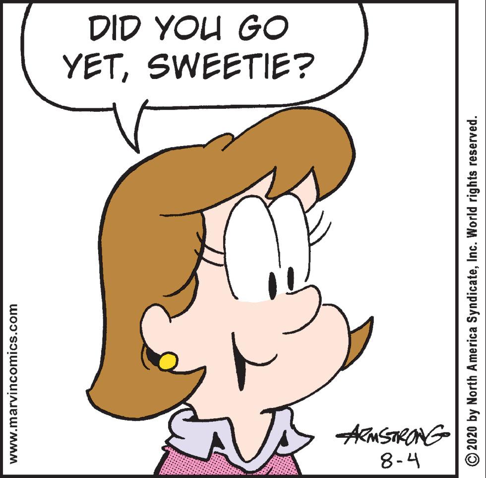 Illustration OCR: DID YOU GO YETSWEETIE? AMSTRONG 8-4 www.marvincomics.com O2020 by North America SyndicateInc. World rights reserved. DID YOU GO YETSWEETIE? AMSTRONG 8-4 www.marvincomics.com O2020 by North America SyndicateInc. World rights reserved.