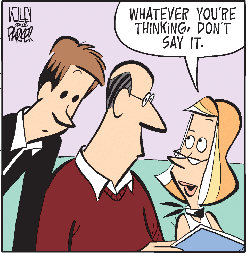 Animated cartoon OCR: KLAI PARER WHATEVER YOU'RE THINKINGDON'T SAY IT. and KLAI PARER WHATEVER YOU'RE THINKINGDON'T SAY IT. and