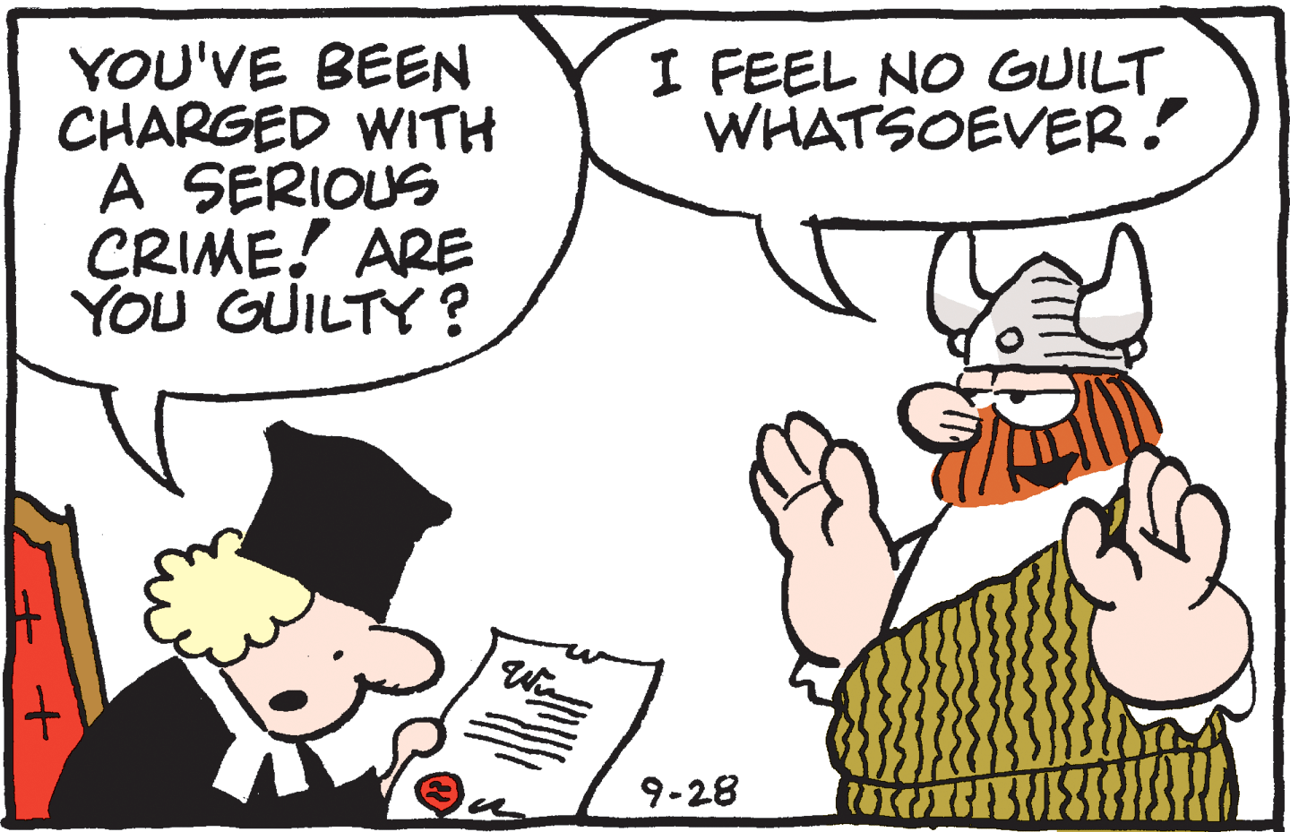 Pleased OCR: YOU'VE BEEN CHARGED WITH A SERIOUS ÇRIME! ARE YOU GUILTY? I FEEL NO GUILT WHATSOEVER! 9-28 YOU'VE BEEN CHARGED WITH A SERIOUS ÇRIME! ARE YOU GUILTY? I FEEL NO GUILT WHATSOEVER! 9-28