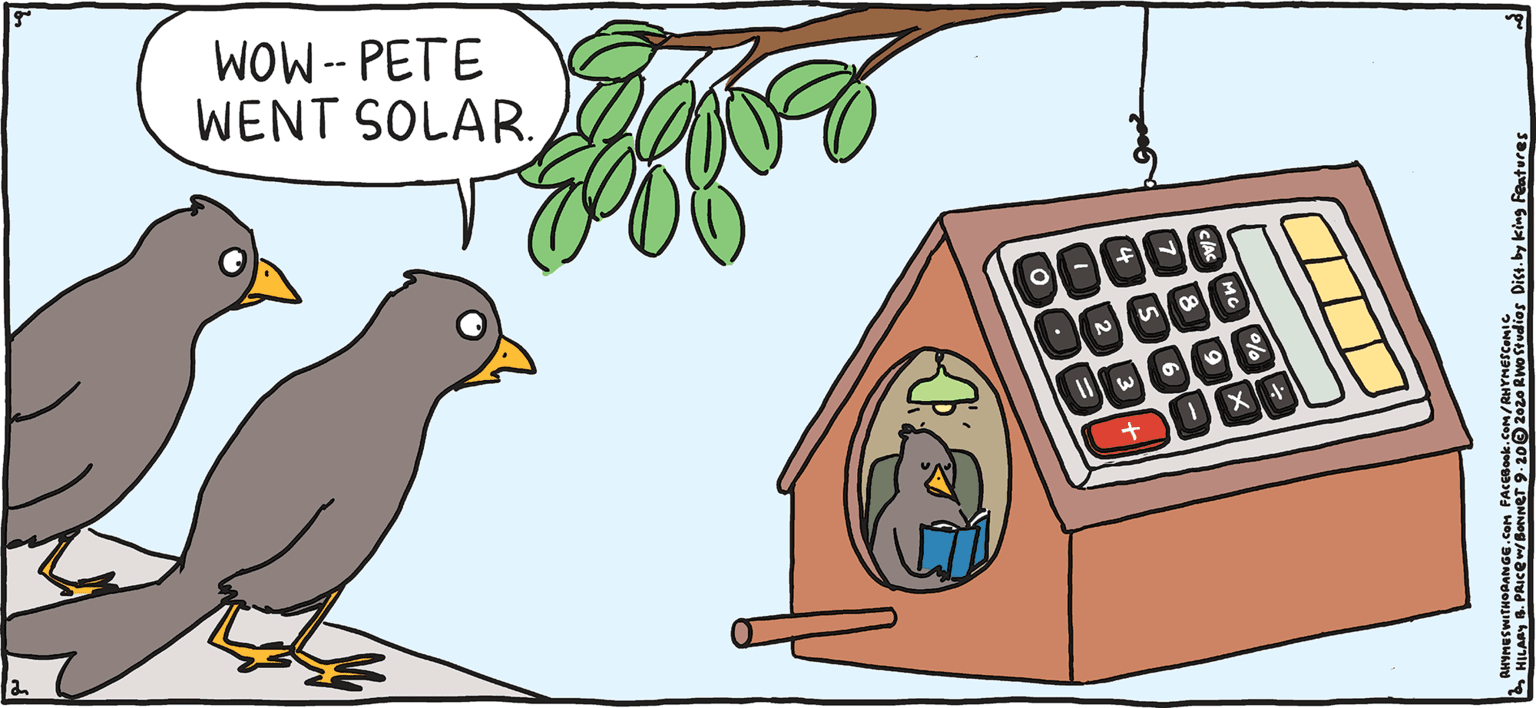 Cartoon OCR: WOW-- PETE WENT SOLAR. o - PSH Rhymes with Orange HILARY B. PRIce He's no birdbrain. WOW-- PETE WENT SOLAR. o - PSH Rhymes with Orange HILARY B. PRIce He's no birdbrain.
