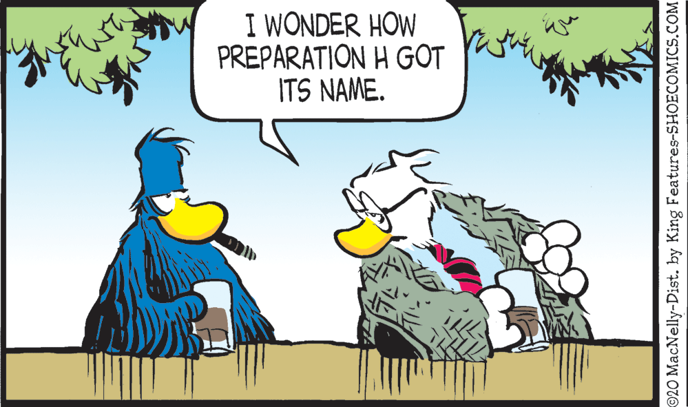 Humour OCR: I WONDER HOW PREPARATION H GOT ITS NAME. 20 MacNelly-Dist. by King Features-SHOECOMICS.COM I WONDER HOW PREPARATION H GOT ITS NAME. 20 MacNelly-Dist. by King Features-SHOECOMICS.COM